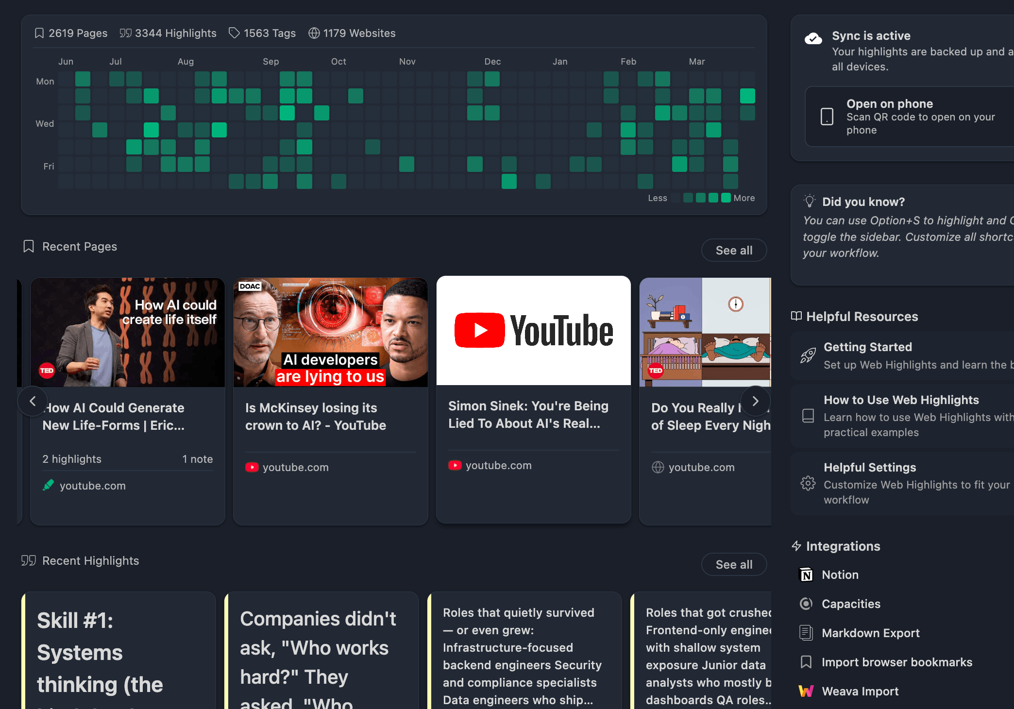 Dashboard overview with stats, contribution graph, and recent activity